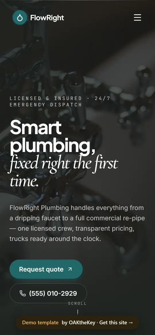 FlowRight Plumbing demo homepage on a phone